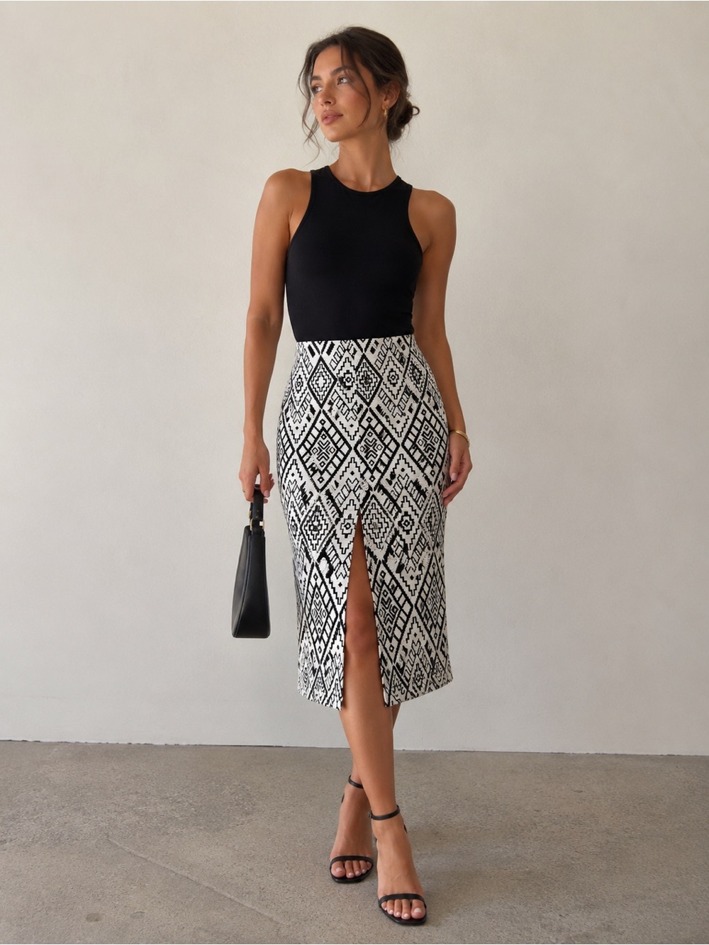 Zara Trafaluc High-Waist Black and Beige Printed Midi Skirt with Front Slit
